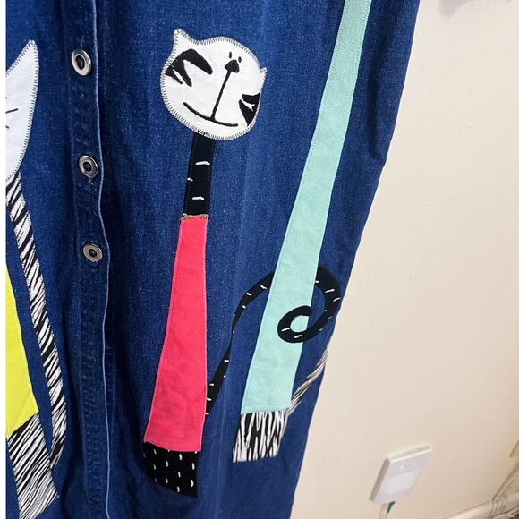 Vintage 90s Cat Lady Denim Shirt Dress Size M Blue Jean Embroidered Stretch Fun - Picture 6 of 9
